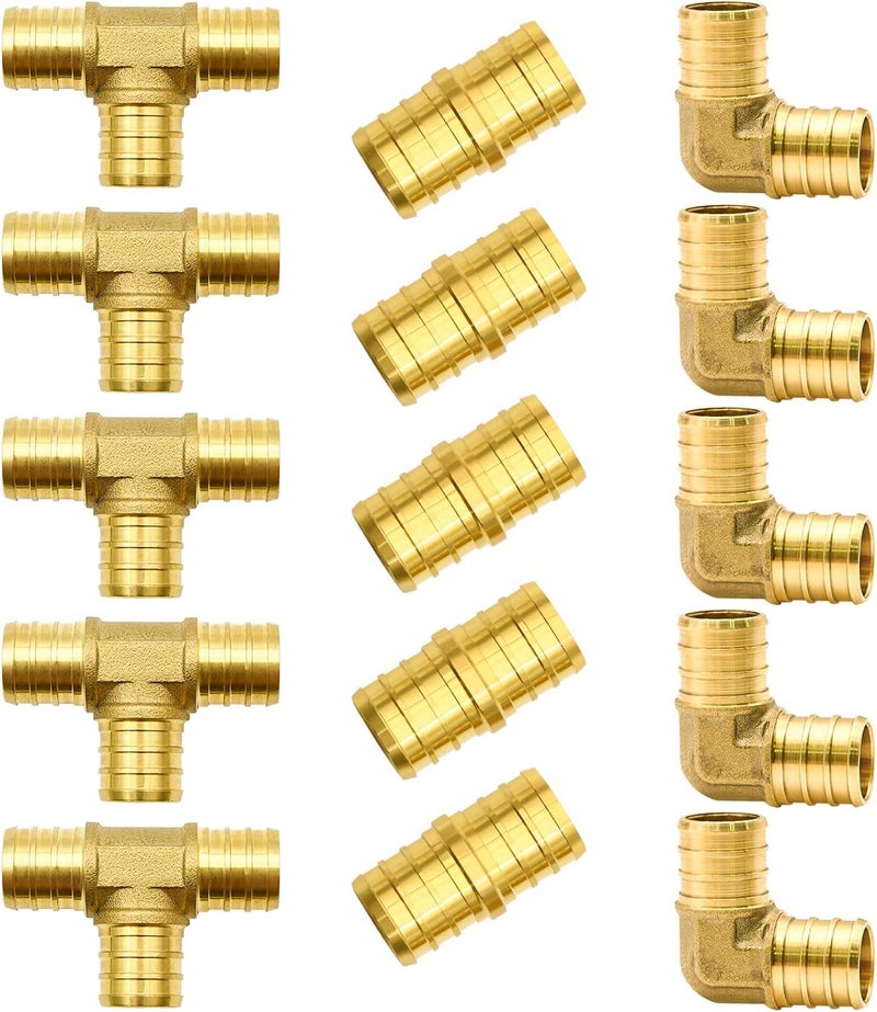 Ruby Q 15pcs 3/4" PEX Fittings, Elbow TEE Straight Couplings Set, PEX Brass Crimp Fitting Combo with Tees, Elbows, Straights - Image 1